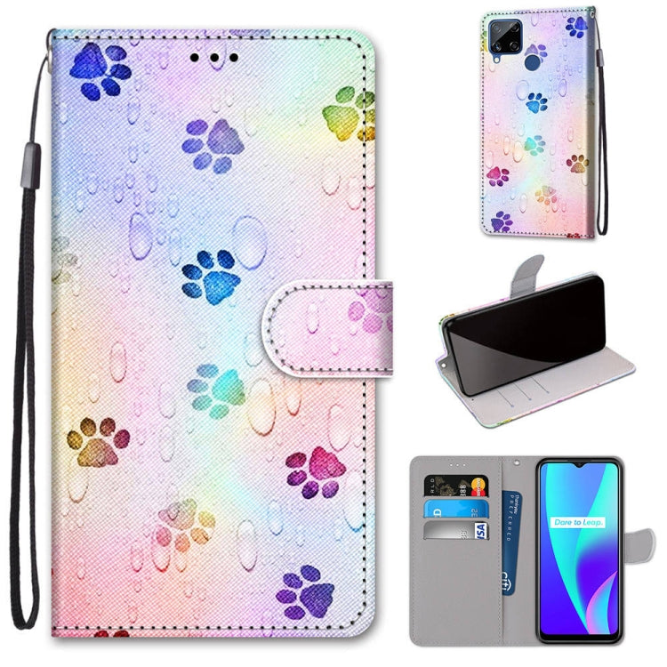 Flip PU leather phone case with multicolor paw print pattern, card slots and wrist strap