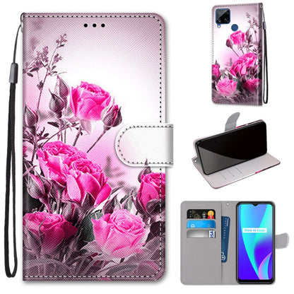 Pink rose floral PU leather flip phone wallet case with card slots and wrist lanyard