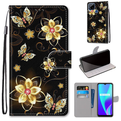 Black PU leather flip phone wallet case with gold butterfly floral pattern and card slots