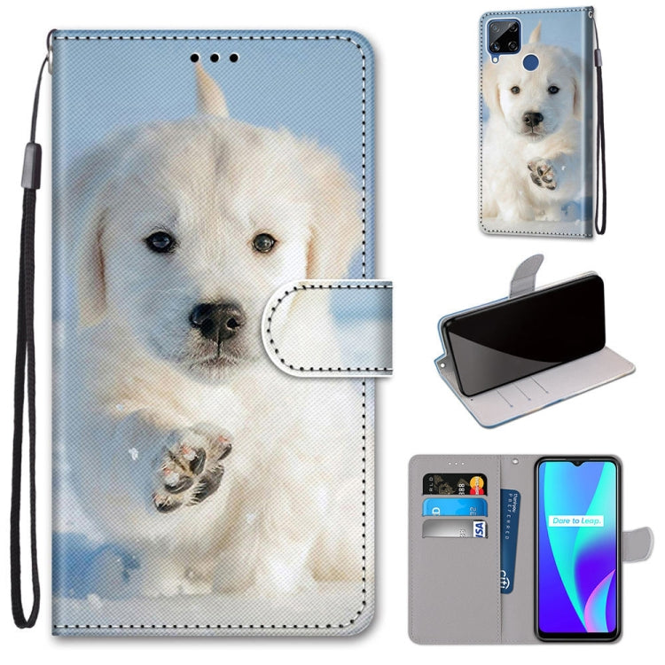 Light blue PU leather flip phone wallet case with white dog portrait, card slots, lanyard