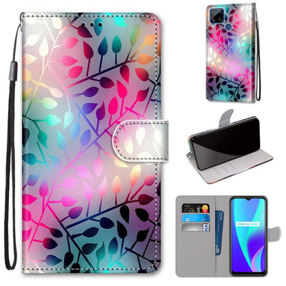 Colorful leaf abstract PU leather flip phone wallet case with card slots and wrist lanyard