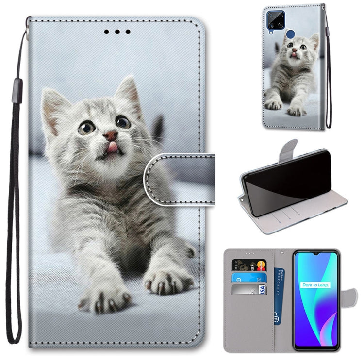White and gray kitten PU leather flip phone wallet case with card slots and wrist lanyard