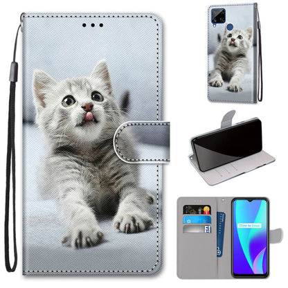 White and gray kitten PU leather flip phone wallet case with card slots and wrist lanyard