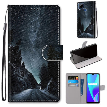Dark blue galaxy forest PU leather flip phone wallet case with card slots and wrist lanyard