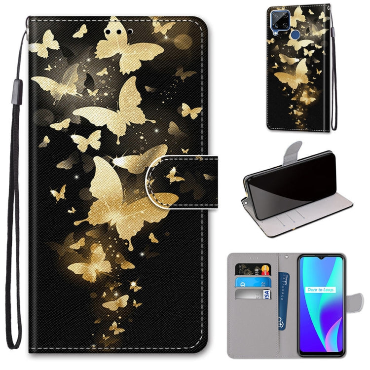 Black PU leather flip phone wallet case with golden butterfly pattern and card slots