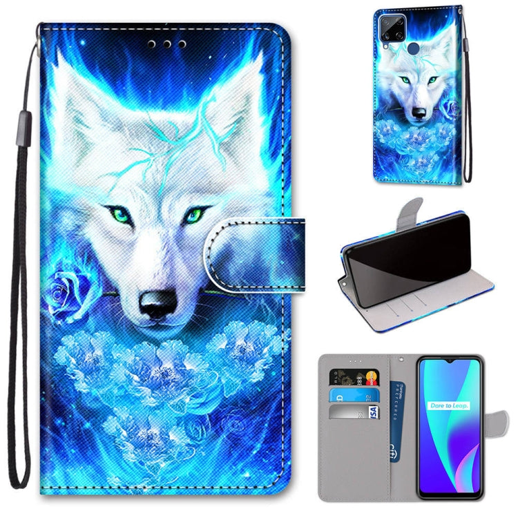 PU leather wallet phone case with lanyard, card slots, and flip cover; wolf in blue.