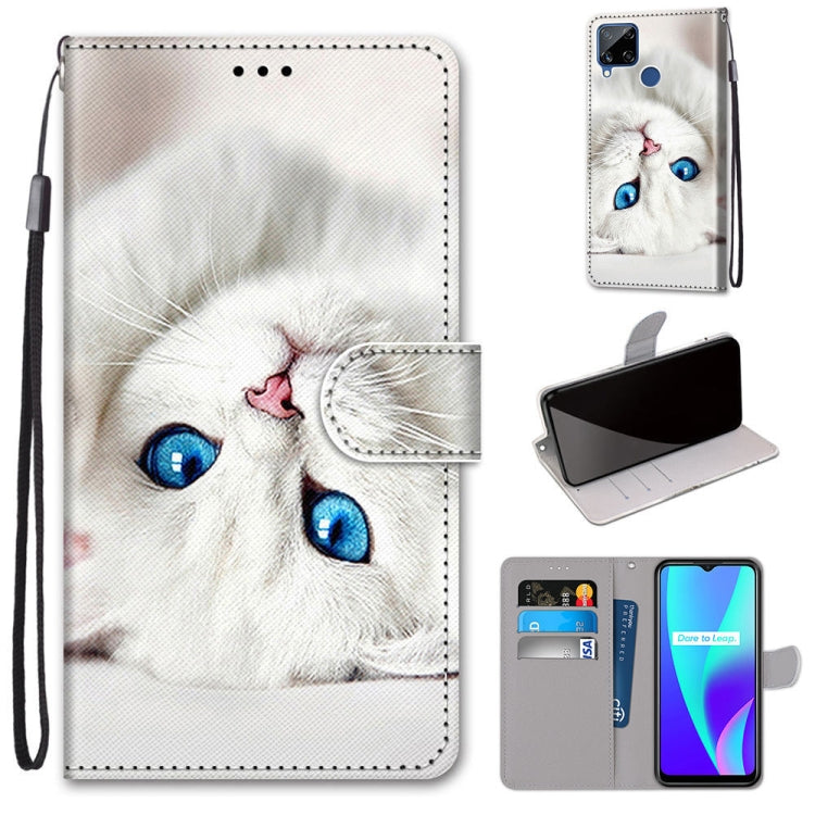 White cat PU leather phone wallet case with card slots and lanyard, magnetic flap