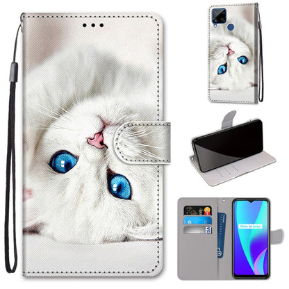 White cat PU leather phone wallet case with card slots and lanyard, magnetic flap