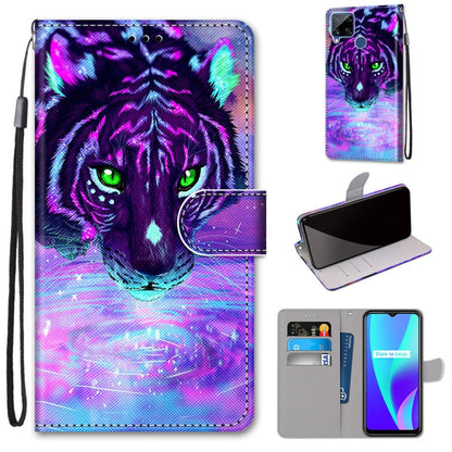 Purple tiger PU leather phone wallet case with card slots and lanyard, magnetic flap