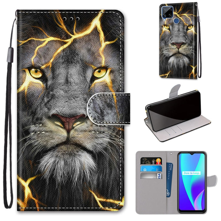 Gray lion PU leather phone wallet case with card slots and lanyard, magnetic flap
