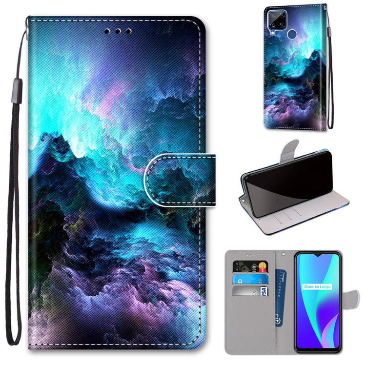 Blue cloud PU leather phone wallet case with card slots and lanyard, magnetic flap