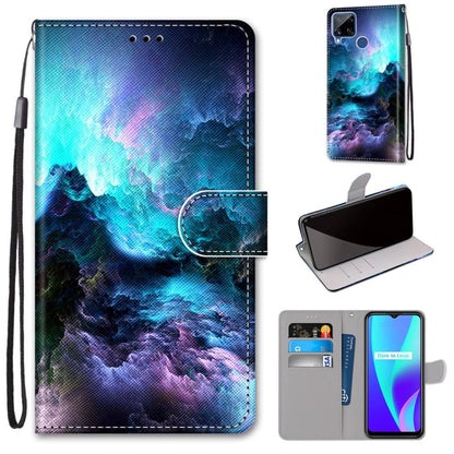 Blue cloud PU leather phone wallet case with card slots and lanyard, magnetic flap
