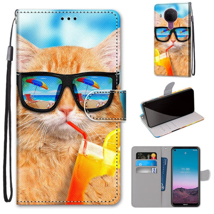 Orange cat with glasses PU leather phone wallet case with card slots and lanyard, magnetic flap