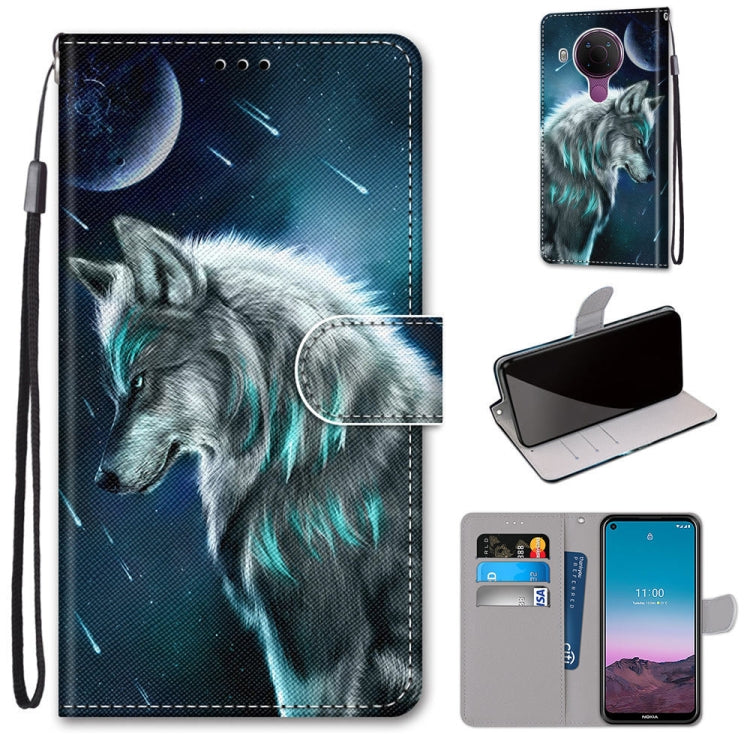 Wolf in night sky PU leather phone wallet case with card slots and lanyard, magnetic flap
