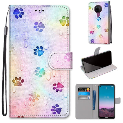 Colorful paw print PU leather phone wallet case with card slots and lanyard, magnetic flap