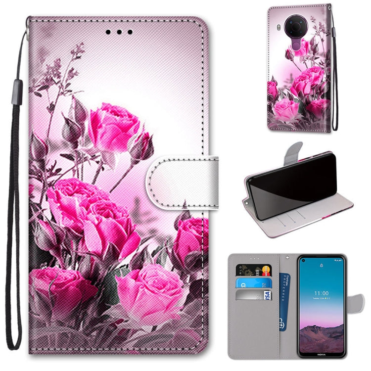 Pink rose floral phone wallet case with flip cover and card slots, lanyard strap