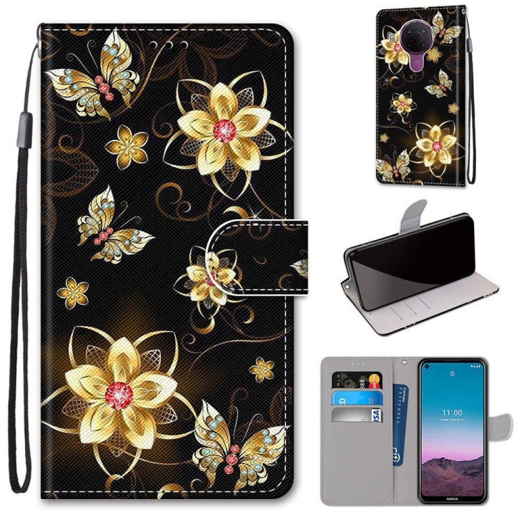 Black gold flower butterfly phone wallet case with flip cover and card slots, strap