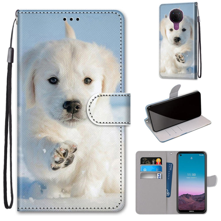 Light blue dog portrait phone wallet case with flip cover and card slots, lanyard