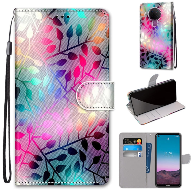 Colorful leaf and blossom phone wallet case with flip cover and card slots, strap