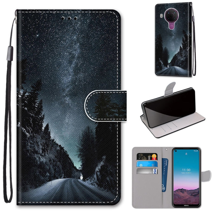 Dark mountain forest phone wallet case with flip cover and card slots, lanyard