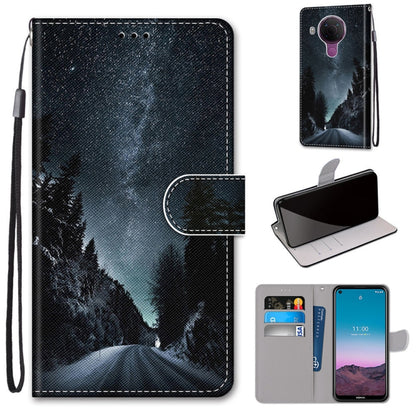 Dark mountain forest phone wallet case with flip cover and card slots, lanyard