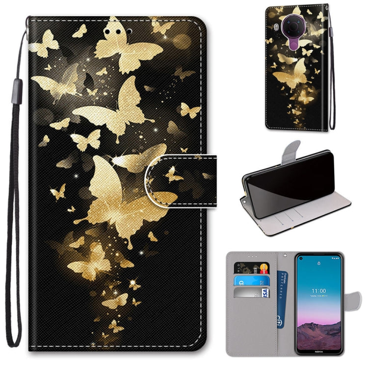 Black gold butterfly starry phone wallet case with flip cover and card slots, strap