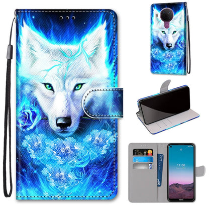 PU leather flip phone wallet case with card slots and lanyard; blue wolf artwork design.