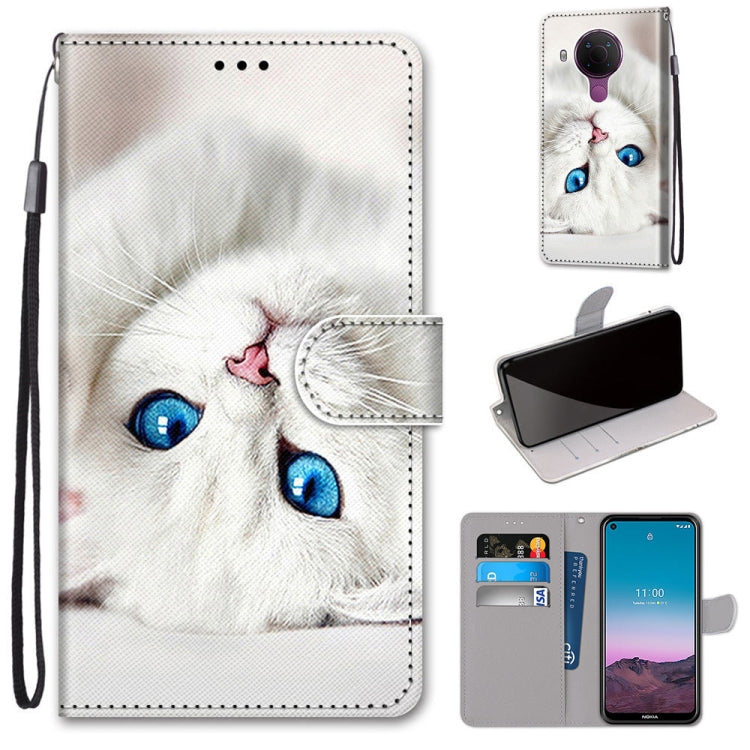 PU leather flip phone wallet case with card slots and lanyard; white cat close-up illustration.