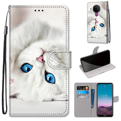 PU leather flip phone wallet case with card slots and lanyard; white cat close-up illustration.