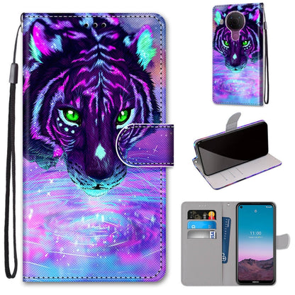 PU leather flip phone wallet case with card slots and lanyard; purple tiger face design.