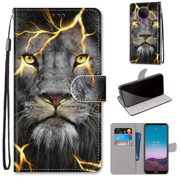 PU leather flip phone wallet case with card slots and lanyard; gray cat with lightning lines.