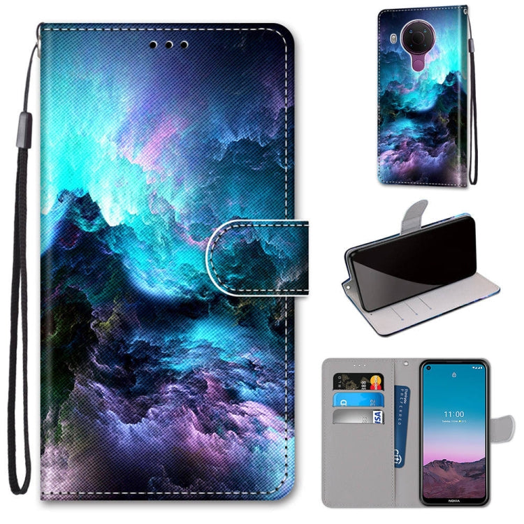 PU leather flip phone wallet case with card slots and lanyard; blue mountain cloud abstract design.