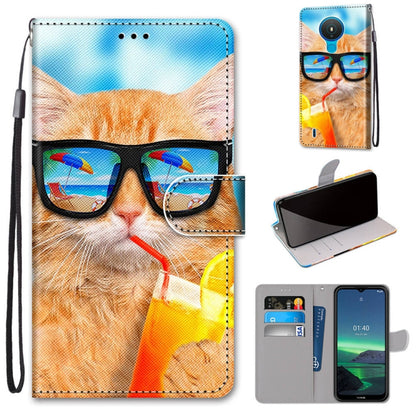 PU leather flip phone wallet case with card slots and lanyard; orange cat with sunglasses design.