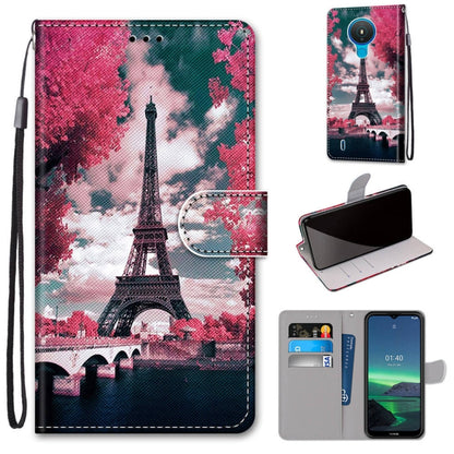 PU leather flip phone wallet case with card slots and lanyard; pink Eiffel Tower scene.