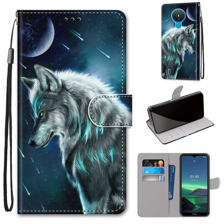 PU leather flip phone wallet case with card slots and lanyard; dark wolf under moon illustration.