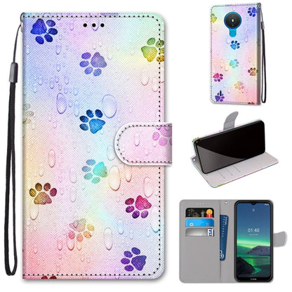 PU leather flip phone wallet case with card slots and lanyard; colorful paw print pattern.