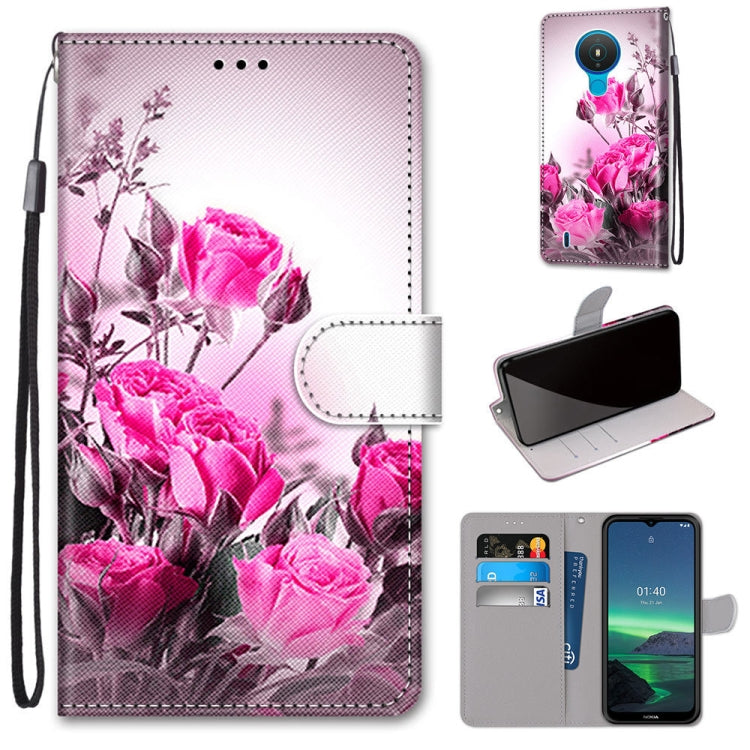 Pink floral flip PU leather phone case with card slots and lanyard, front wallet flap
