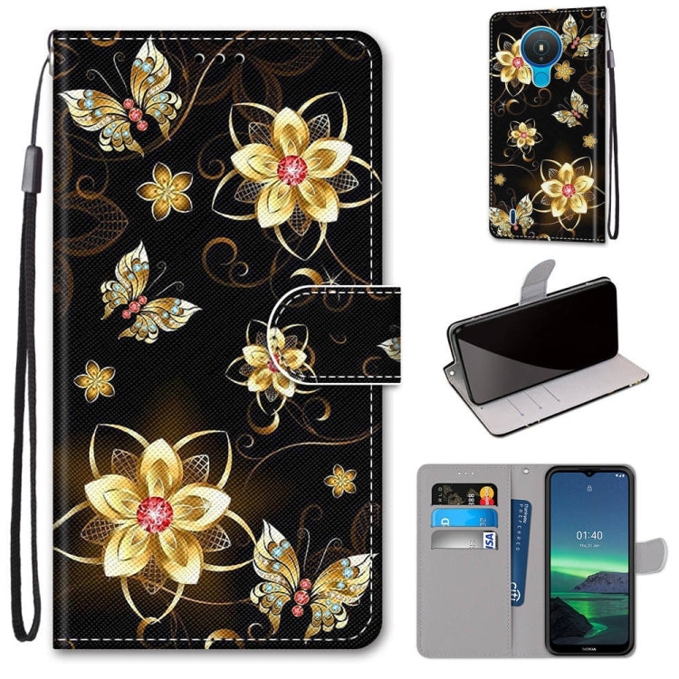 Black floral flip PU leather phone case with card slots and lanyard, gold flower pattern