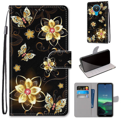 Black floral flip PU leather phone case with card slots and lanyard, gold flower pattern