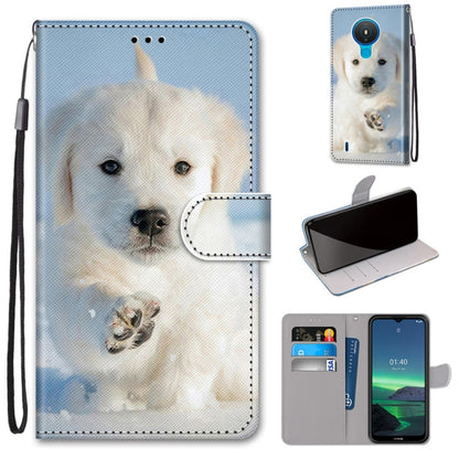 Light blue puppy print flip PU leather phone case with card slots and lanyard, wallet flap