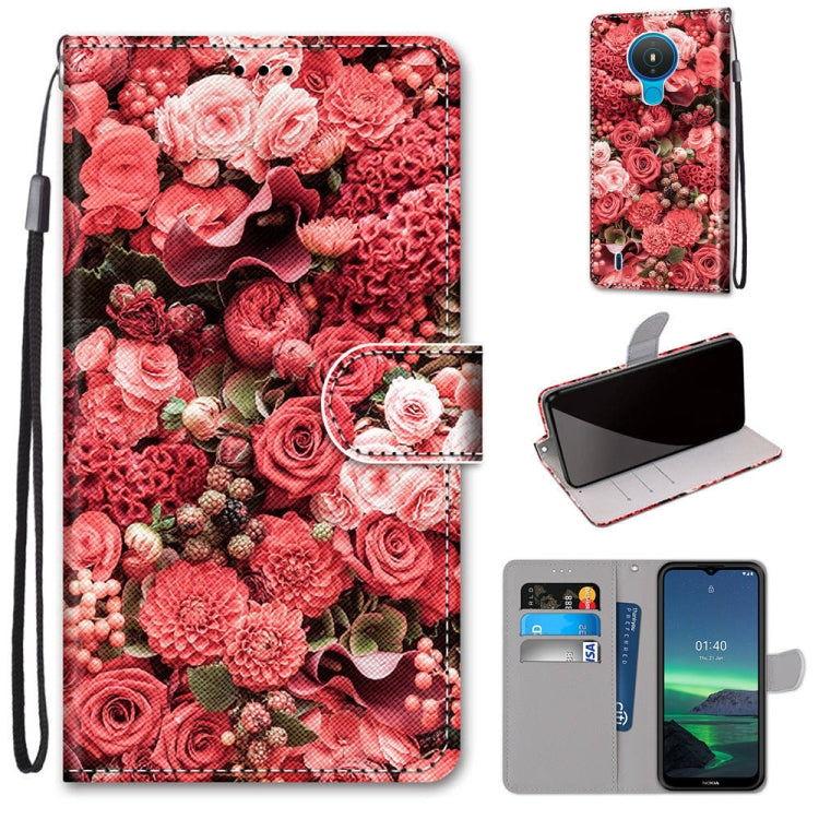 Red rose floral flip PU leather phone case with card slots and lanyard, front wallet cover