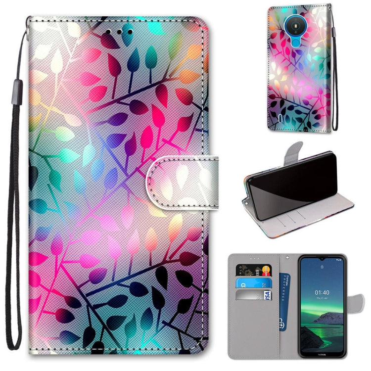 Multicolor floral branch flip PU leather phone case with card slots and lanyard, wallet flap