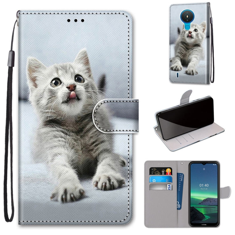 White kitten face flip PU leather phone case with card slots and lanyard, front wallet flap