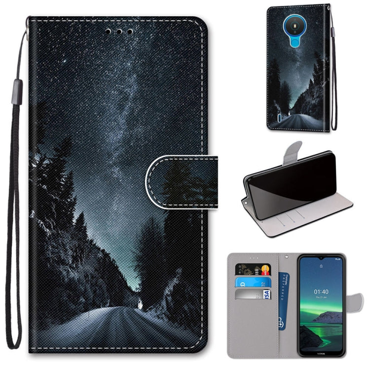 Dark forest and mountain silhouette flip PU leather phone case with card slots and lanyard