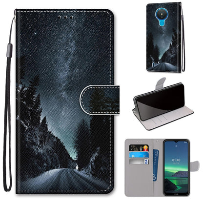 Dark forest and mountain silhouette flip PU leather phone case with card slots and lanyard