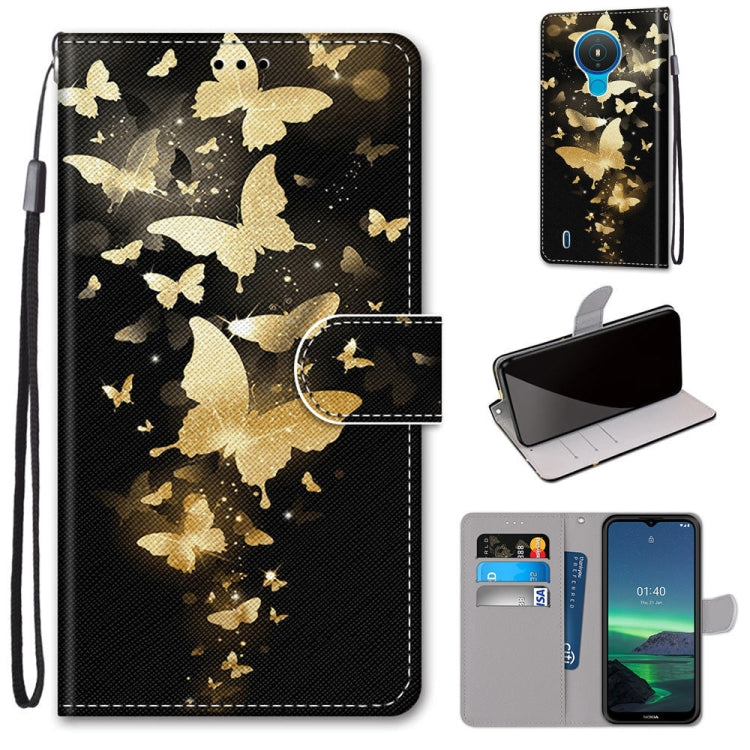 Black night sky with gold butterflies flip PU leather phone case with card slots and lanyard