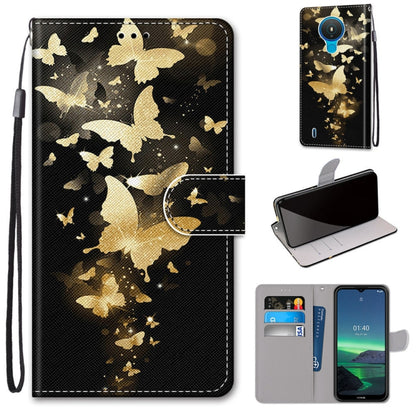 Black night sky with gold butterflies flip PU leather phone case with card slots and lanyard
