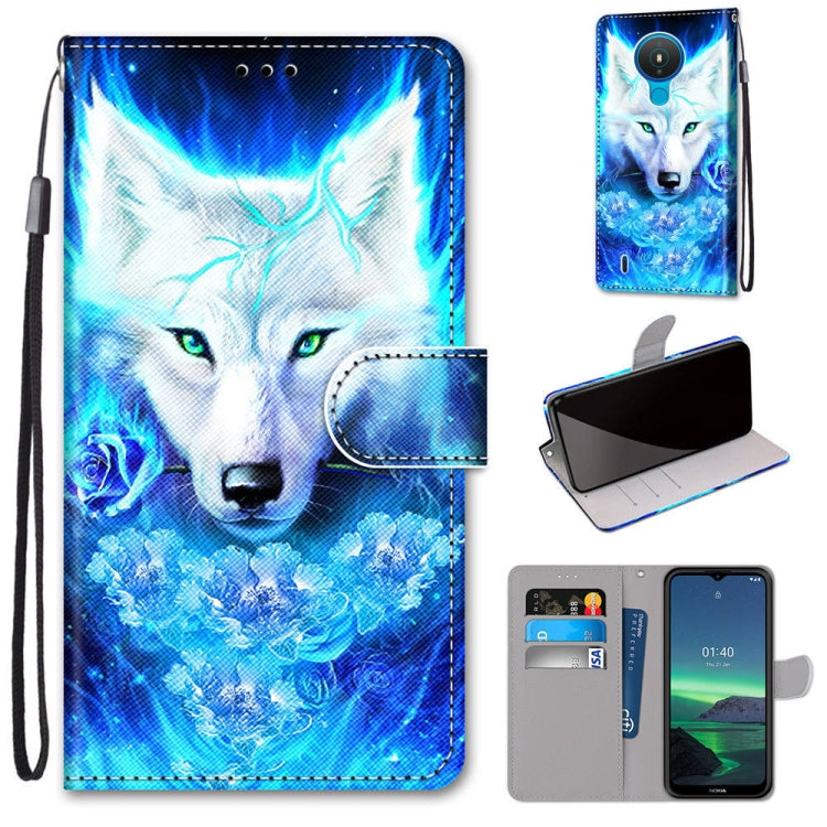 Phone wallet case with blue wolf print, magnetic flap, card slots, wrist strap