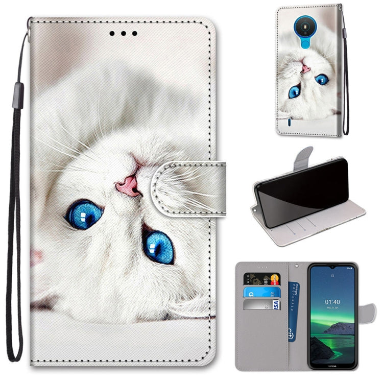 Phone wallet case with white kitten print, magnetic flap, card slots, wrist strap