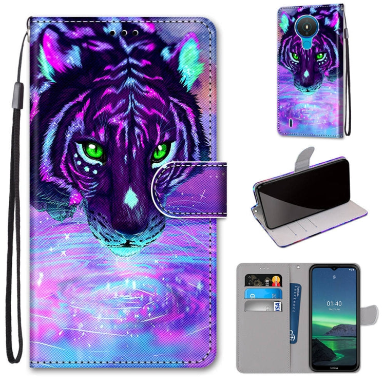 Phone wallet case with purple cat face print, magnetic flap, card slots, wrist strap
